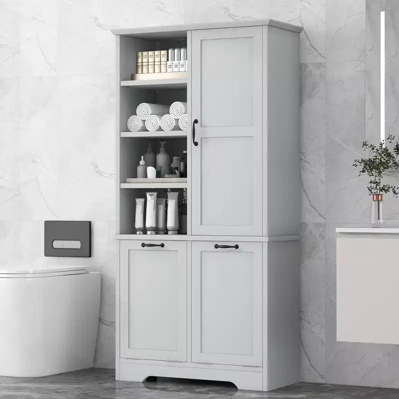 Mobiletto da bagno con cesto portabiancheria inclinabile e ripiani aperti