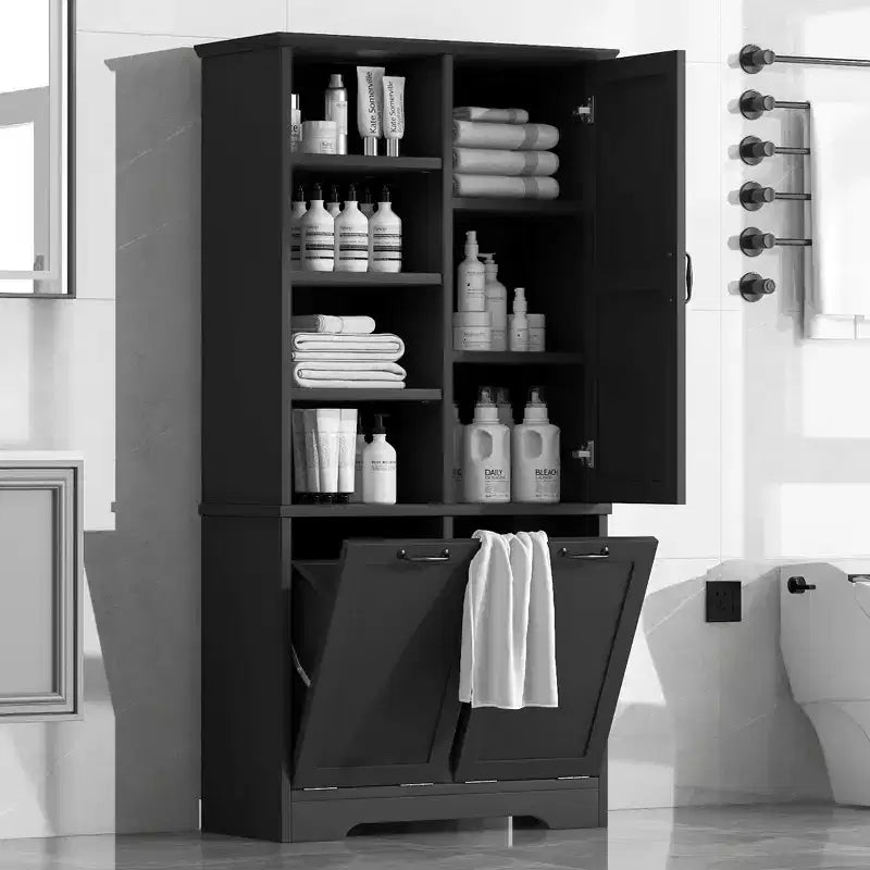 Mobiletto da bagno con cesto portabiancheria inclinabile e ripiani aperti