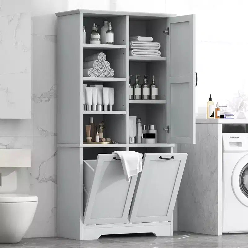 Mobiletto da bagno con cesto portabiancheria inclinabile e ripiani aperti