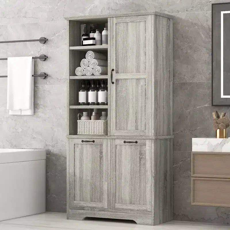 Mobiletto da bagno con cesto portabiancheria inclinabile e ripiani aperti