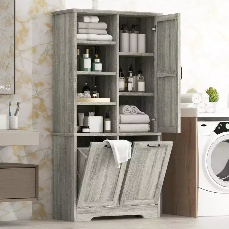 Mobiletto da bagno con cesto portabiancheria inclinabile e ripiani aperti