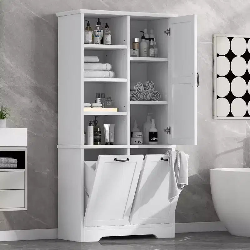 Mobiletto da bagno con cesto portabiancheria inclinabile e ripiani aperti