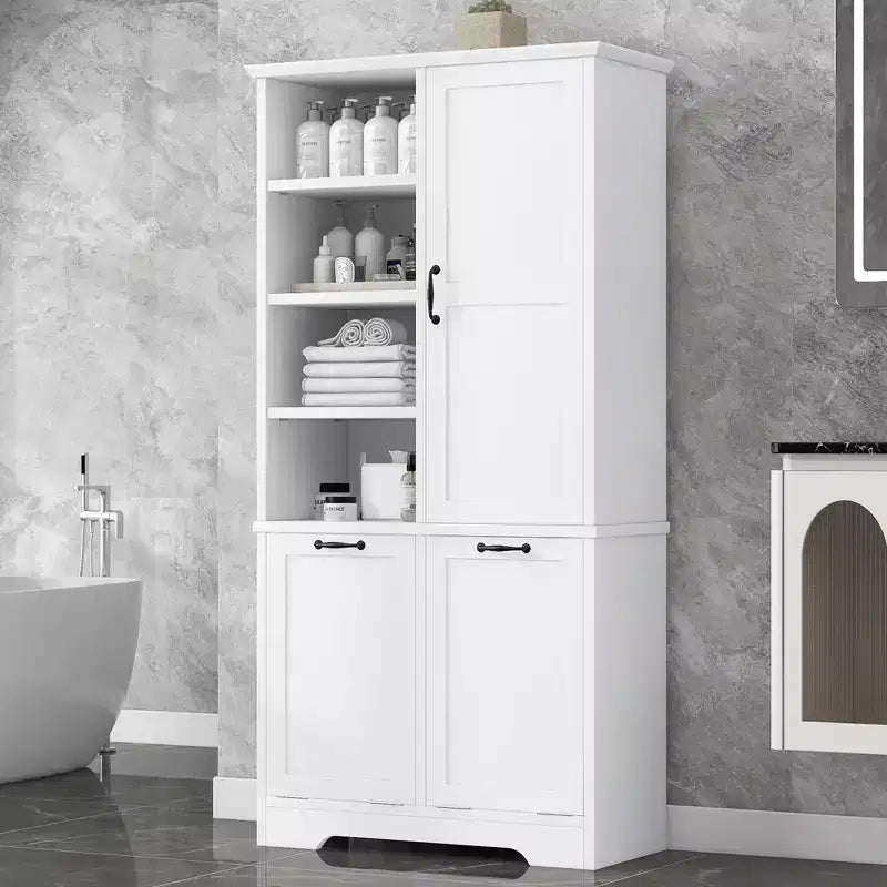 Mobiletto da bagno con cesto portabiancheria inclinabile e ripiani aperti