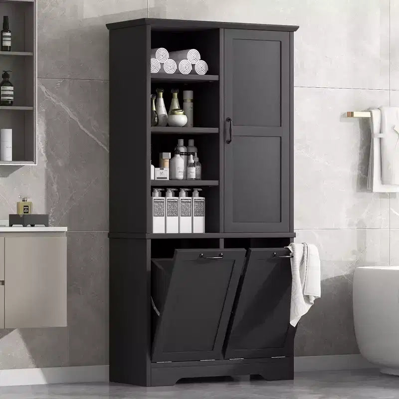 Mobiletto da bagno con cesto portabiancheria inclinabile e ripiani aperti