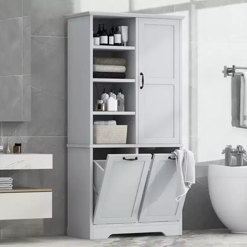 Mobiletto da bagno con cesto portabiancheria inclinabile e ripiani aperti