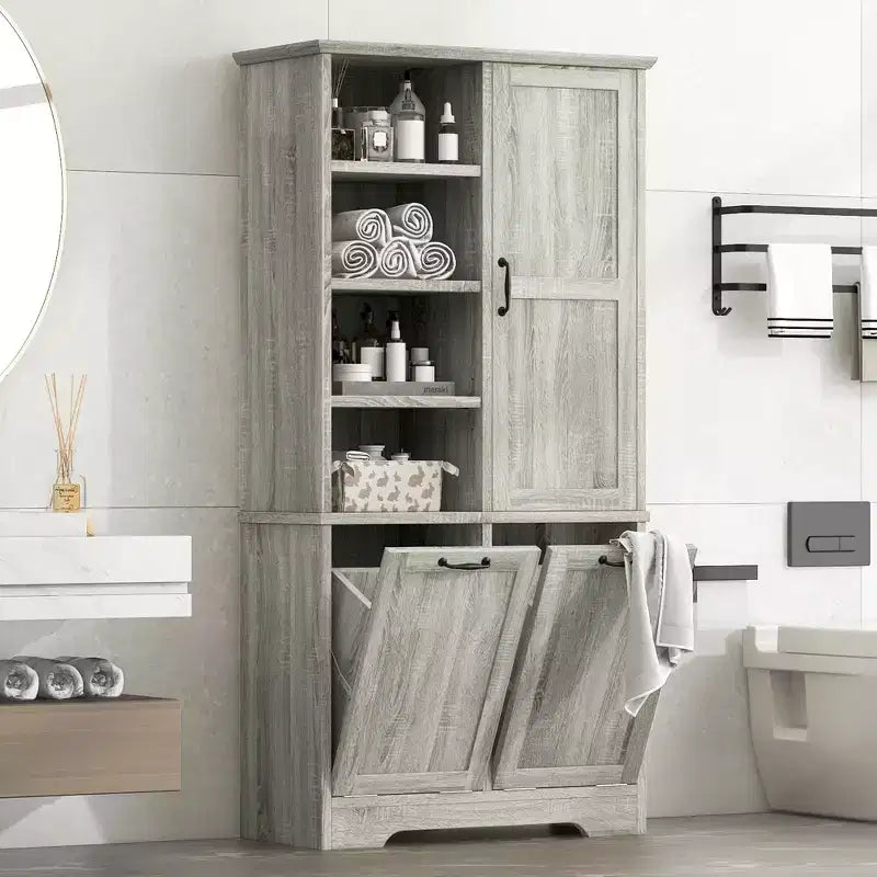 Mobiletto da bagno con cesto portabiancheria inclinabile e ripiani aperti