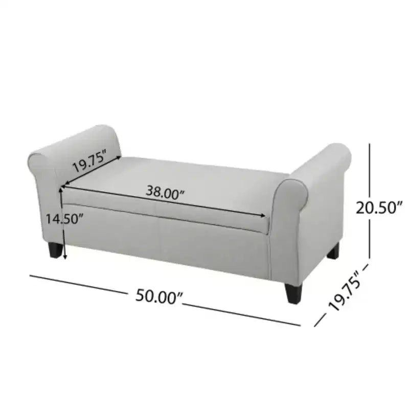 Panca contenitore imbottita bianca con braccioli arrotolati: Dimensioni 50.00 x 20.50 x 19.50 pollici