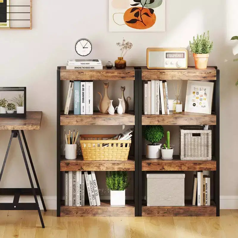 Costway 1/2 PEZZI Libreria a 4 Ripiani in Legno con Doppio Kit Antiribaltamento, Scaffale Aperto Naturale/Marrone