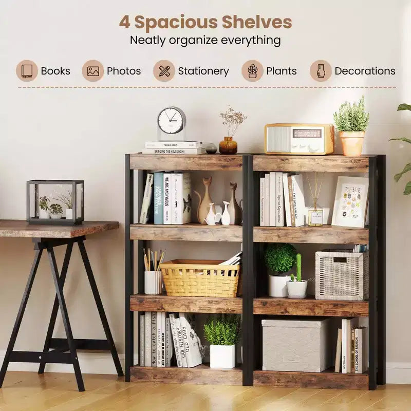 Costway 1/2 PEZZI Libreria a 4 Ripiani in Legno con Doppio Kit Antiribaltamento, Scaffale Aperto Naturale/Marrone