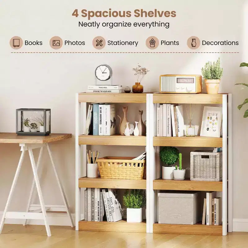 Costway 1/2 PEZZI Libreria a 4 Ripiani in Legno con Doppio Kit Antiribaltamento, Scaffale Aperto Naturale/Marrone