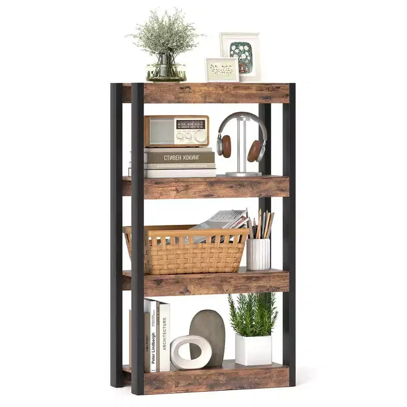 Costway 1/2 PEZZI Libreria a 4 Ripiani in Legno con Doppio Kit Antiribaltamento, Scaffale Aperto Naturale/Marrone