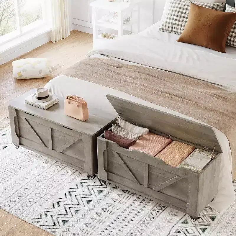 Panca Contenitore in Legno Grigio con Ruote – 2 Posti