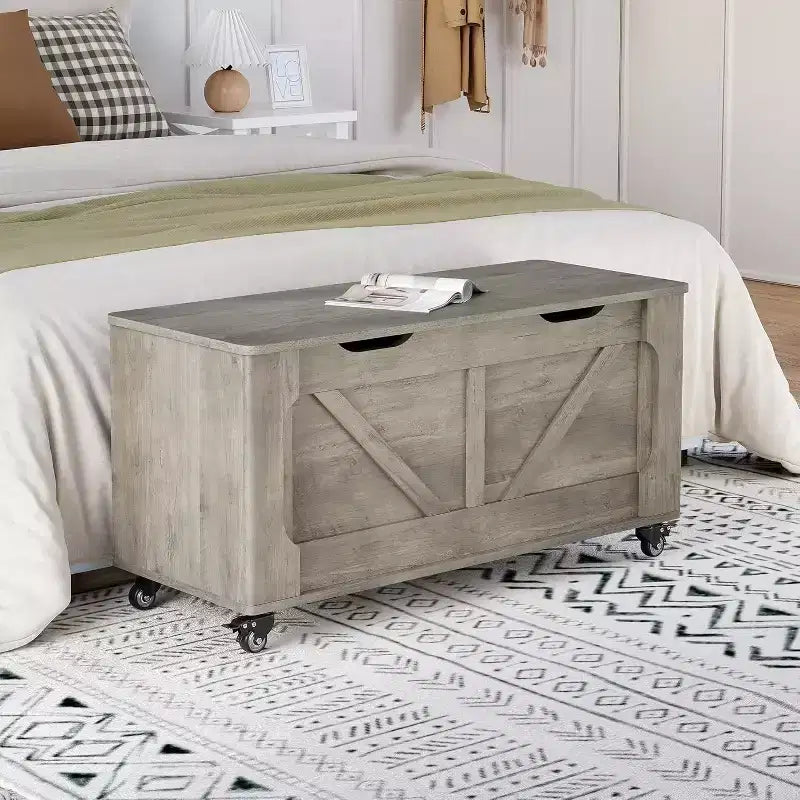 Panca Contenitore in Legno Grigio con Ruote – 2 Posti