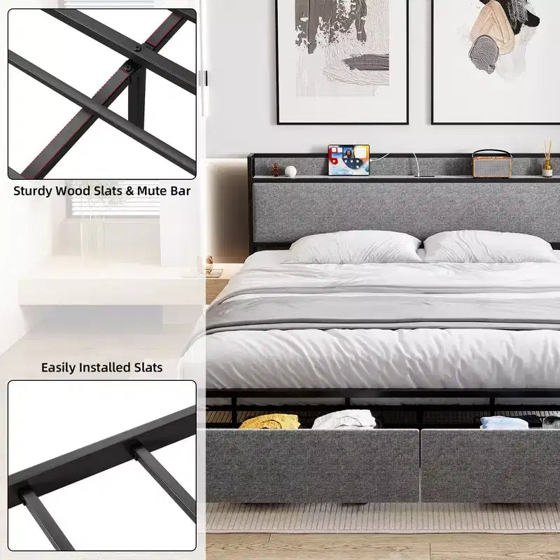 Struttura letto king size imbottita grigia con testiera contenitore, 2 cassetti e stazione di ricarica
