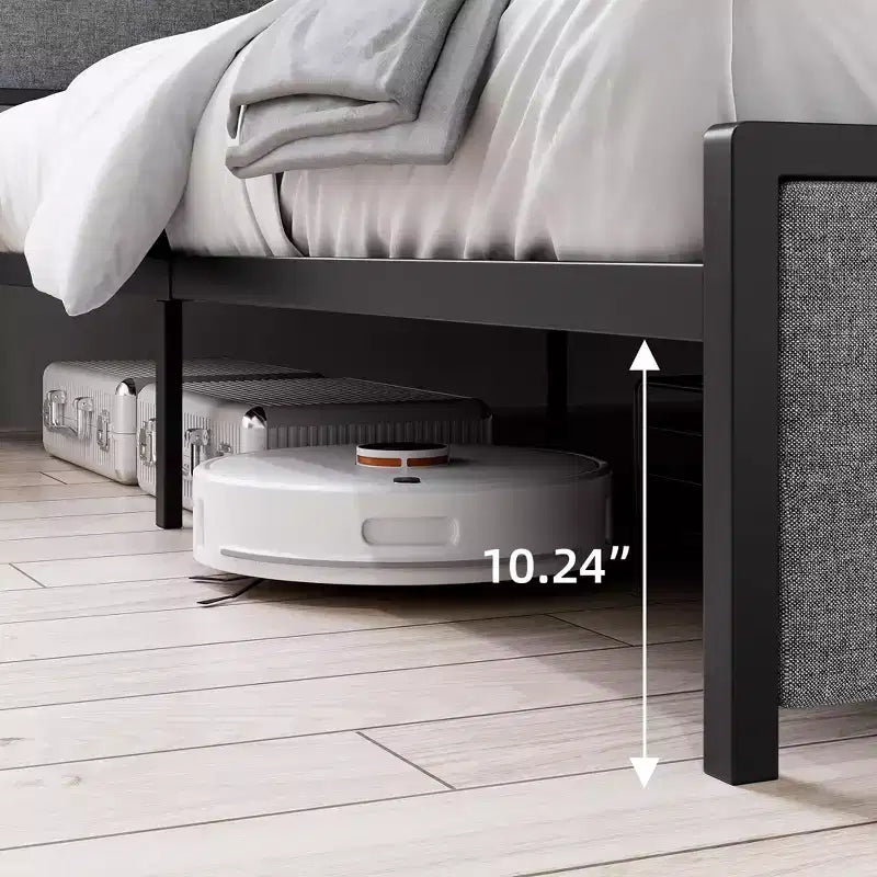 Struttura letto king size imbottita grigia con testiera contenitore, 2 cassetti e stazione di ricarica