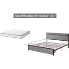 Struttura letto king size imbottita grigia con testiera contenitore, 2 cassetti e stazione di ricarica