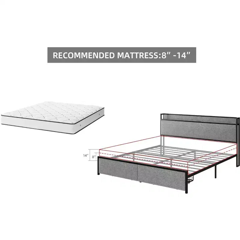 Struttura letto king size imbottita grigia con testiera contenitore, 2 cassetti e stazione di ricarica