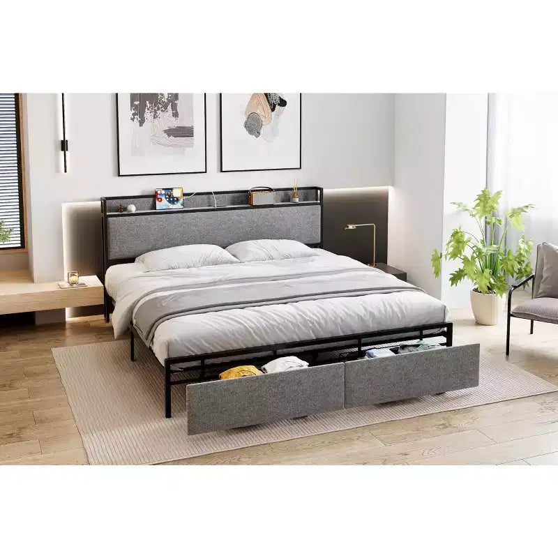Struttura letto king size imbottita grigia con testiera contenitore, 2 cassetti e stazione di ricarica