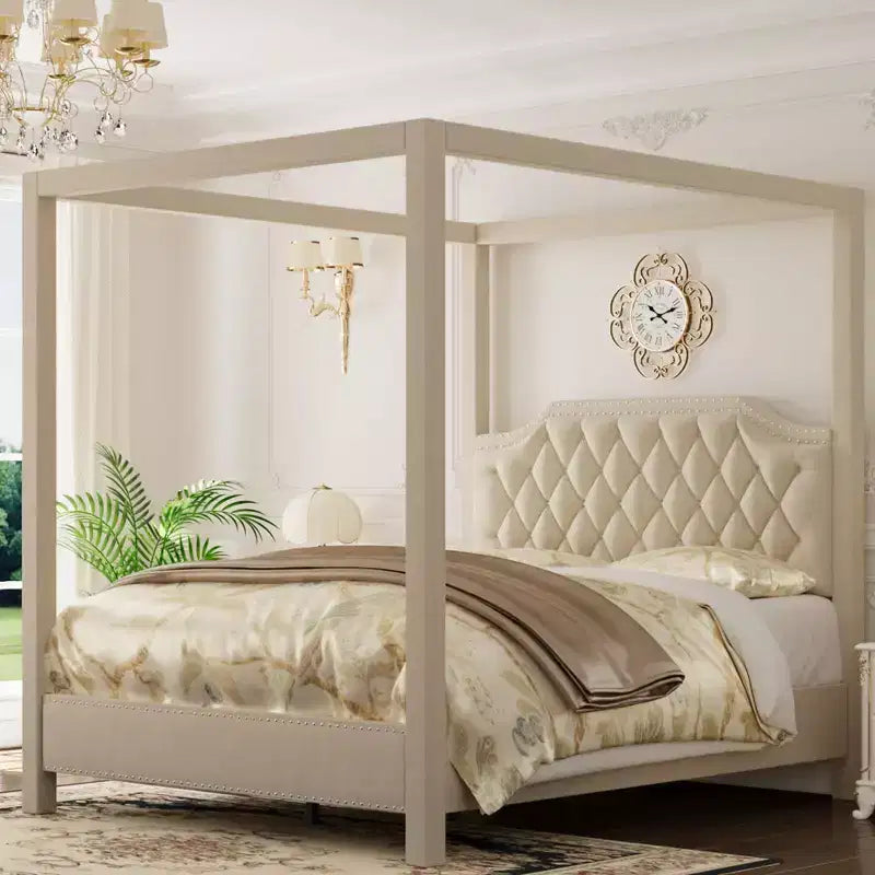 Queen Size Canopy Bed Frame with Nailhead Decoration HeadboardUpholstered Bed Frame with Poles 4 Corner Bed Bracket,Solid Wood Slats Support