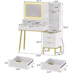 Scrivania da trucco scanalata bianca e oro con specchio illuminato, 1 persona, 45"