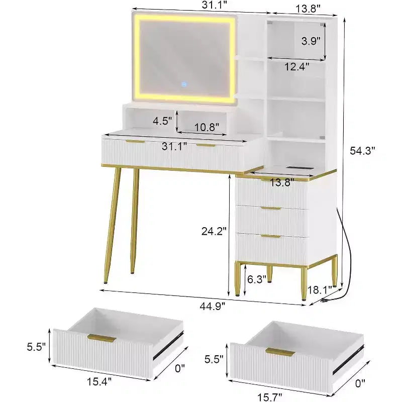 Scrivania da trucco scanalata bianca e oro con specchio illuminato, 1 persona, 45"