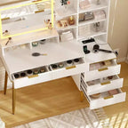 Scrivania da trucco scanalata bianca e oro con specchio illuminato, 1 persona, 45"