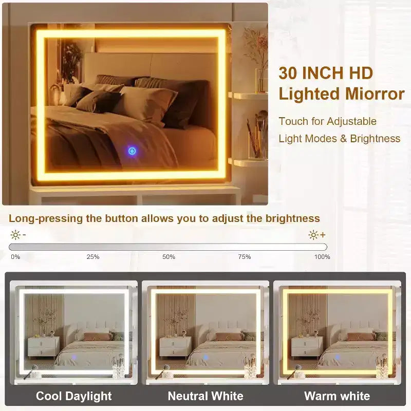 Scrivania da trucco scanalata bianca e oro con specchio illuminato, 1 persona, 45"