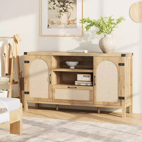 47.2 Credenza da Buffet Rustica - Madia da Cucina in Rattan con Contenitore per Soggiorno e Ingresso, Naturale