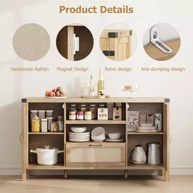 47.2 Credenza da Buffet Rustica - Madia da Cucina in Rattan con Contenitore per Soggiorno e Ingresso, Naturale