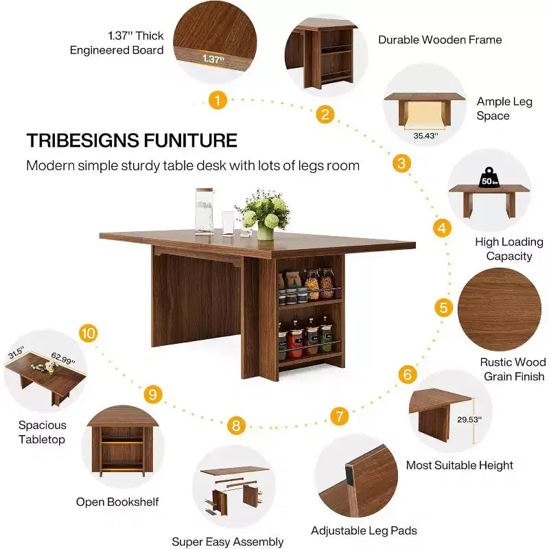 Lantine Farmhouse, tavolo da pranzo per 4-6 persone, 160 cm, tavolo da pranzo rettangolare con contenitore per cucina, soggiorno