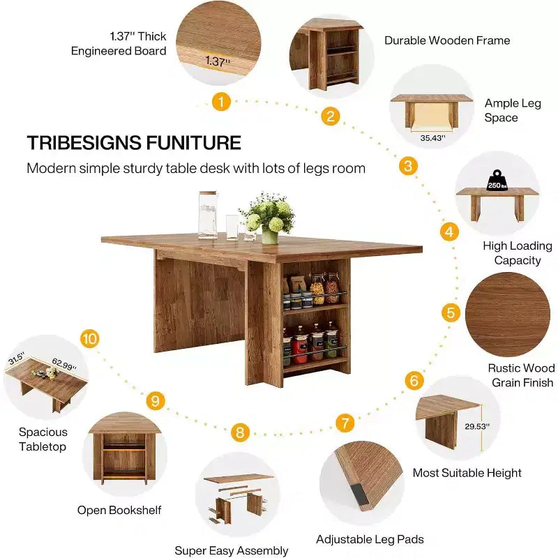 Lantine Farmhouse, tavolo da pranzo per 4-6 persone, 160 cm, tavolo da pranzo rettangolare con contenitore per cucina, soggiorno