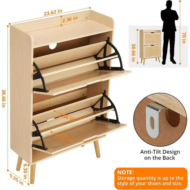 Scarpiera/Armadio - Porta Scarpe Nascosto con 2 Cassetti a Ribalta in Rattan e Design Anti-Ribaltamento, Organizer per 12-15 Paia di Scarpe