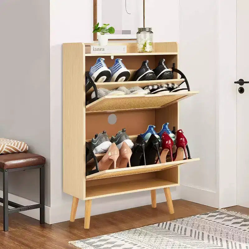 Scarpiera/Armadio - Porta Scarpe Nascosto con 2 Cassetti a Ribalta in Rattan e Design Anti-Ribaltamento, Organizer per 12-15 Paia di Scarpe