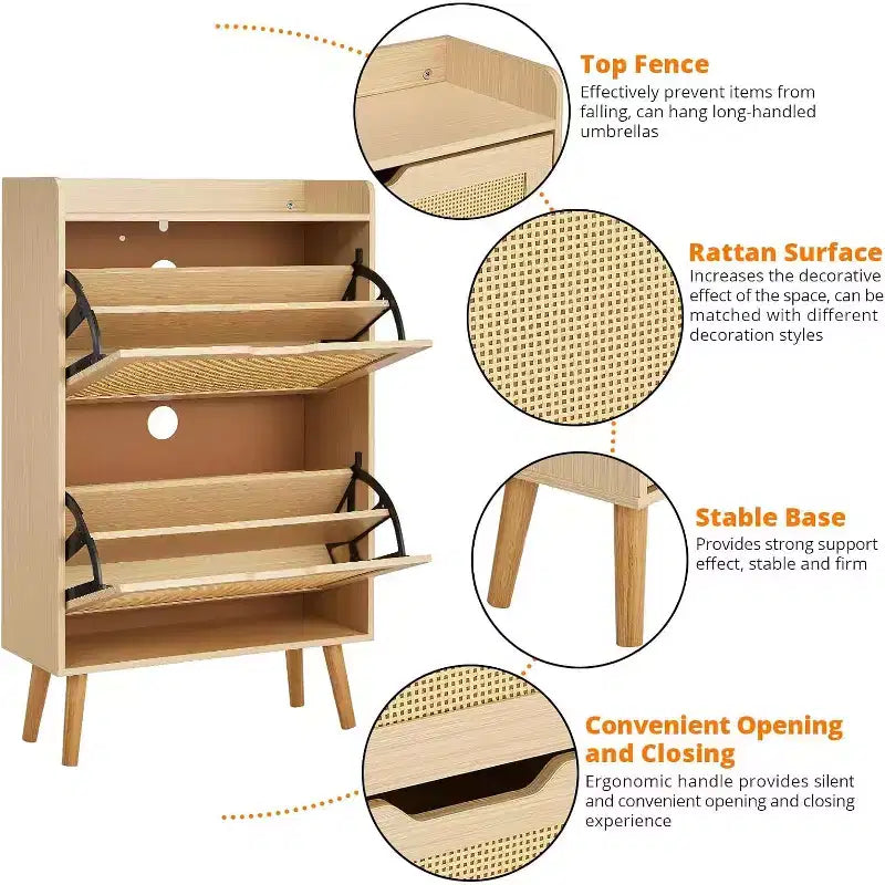 Scarpiera/Armadio - Porta Scarpe Nascosto con 2 Cassetti a Ribalta in Rattan e Design Anti-Ribaltamento, Organizer per 12-15 Paia di Scarpe