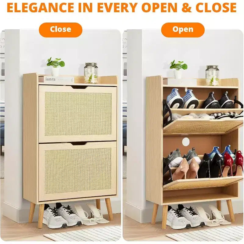 Scarpiera/Armadio - Porta Scarpe Nascosto con 2 Cassetti a Ribalta in Rattan e Design Anti-Ribaltamento, Organizer per 12-15 Paia di Scarpe