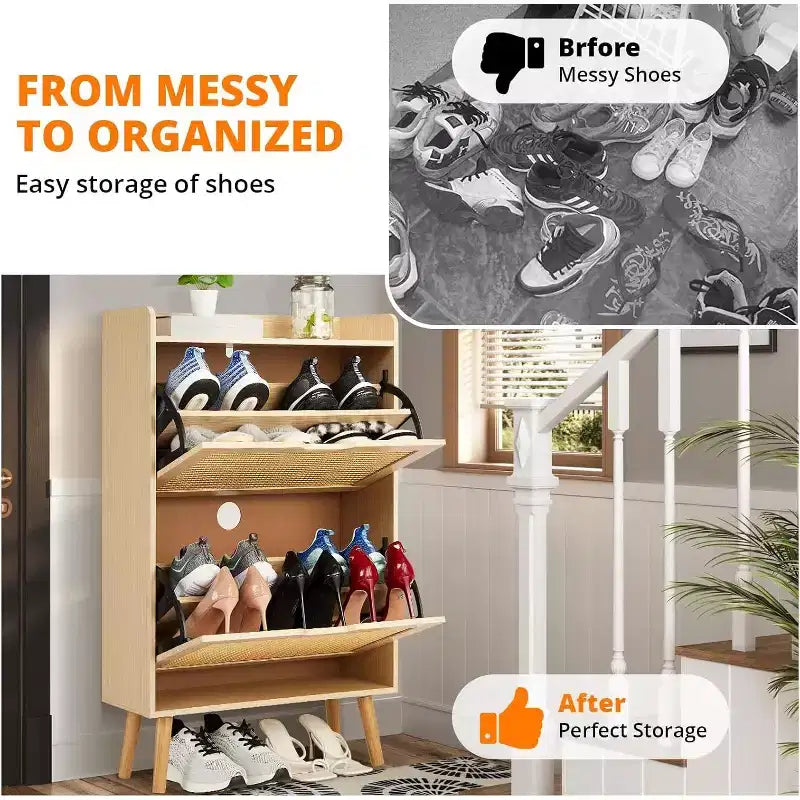 Scarpiera/Armadio - Porta Scarpe Nascosto con 2 Cassetti a Ribalta in Rattan e Design Anti-Ribaltamento, Organizer per 12-15 Paia di Scarpe