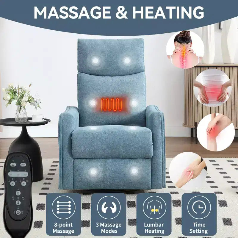 Poltrona reclinabile manuale con massaggio termico, dondolo e girevole in tessuto per soggiorno