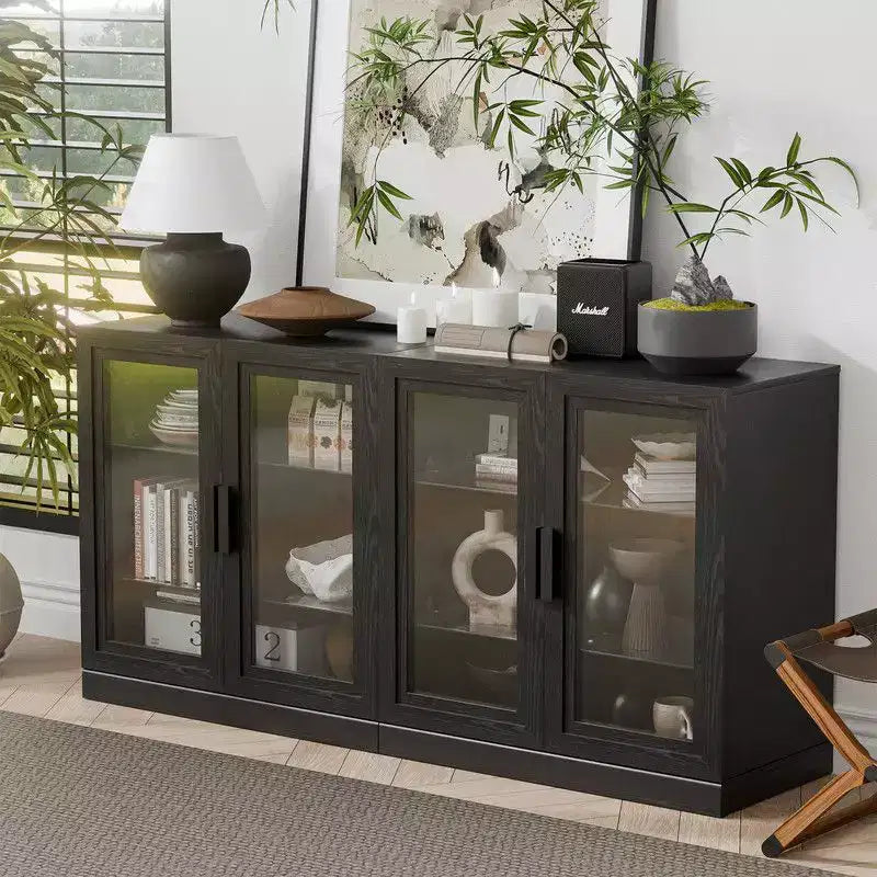 Credenza buffet in legno nero con 4 ante in vetro, 2 ripiani regolabili