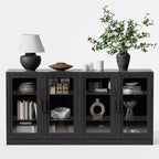 Credenza buffet in legno nero con 4 ante in vetro, 2 ripiani regolabili