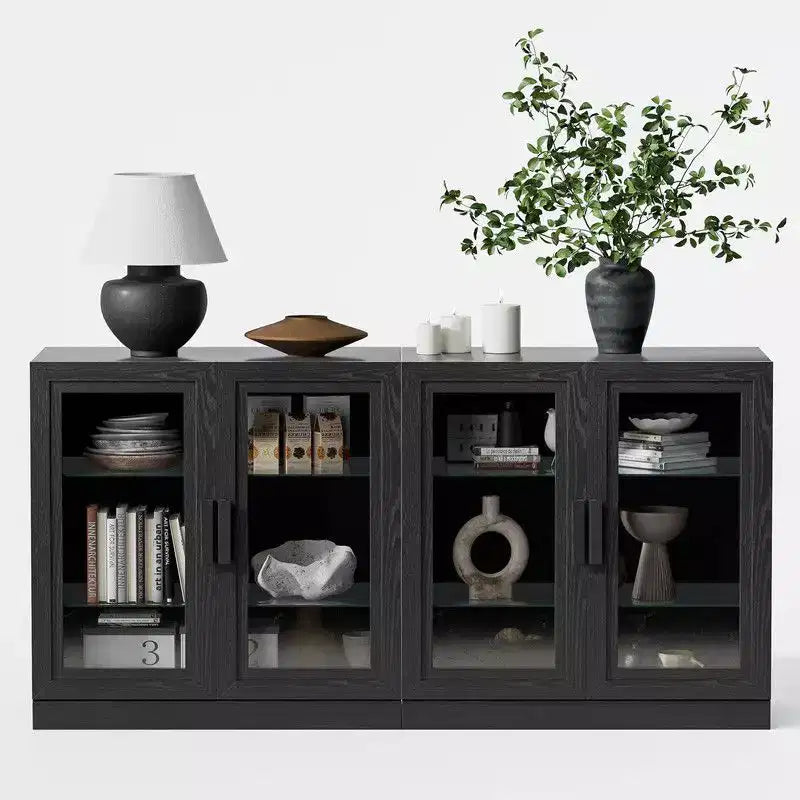 Credenza buffet in legno nero con 4 ante in vetro, 2 ripiani regolabili