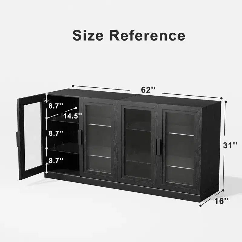 Credenza buffet in legno nero con 4 ante in vetro, 2 ripiani regolabili