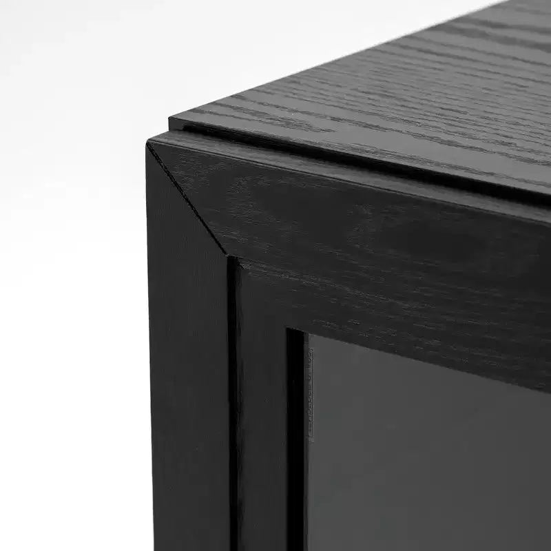 Credenza buffet in legno nero con 4 ante in vetro, 2 ripiani regolabili