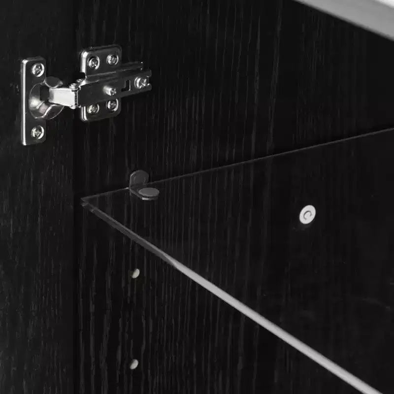 Credenza buffet in legno nero con 4 ante in vetro, 2 ripiani regolabili