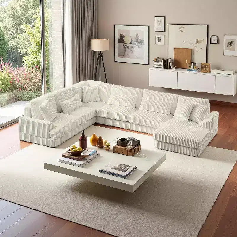 Divano Sezionale a U in Velluto a Coste con Chaise Longue, 5+ Posti a Sedere