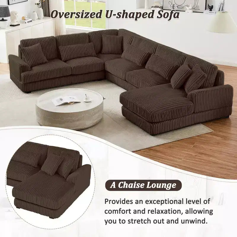 Divano Sezionale a U in Velluto a Coste con Chaise Longue, 5+ Posti a Sedere