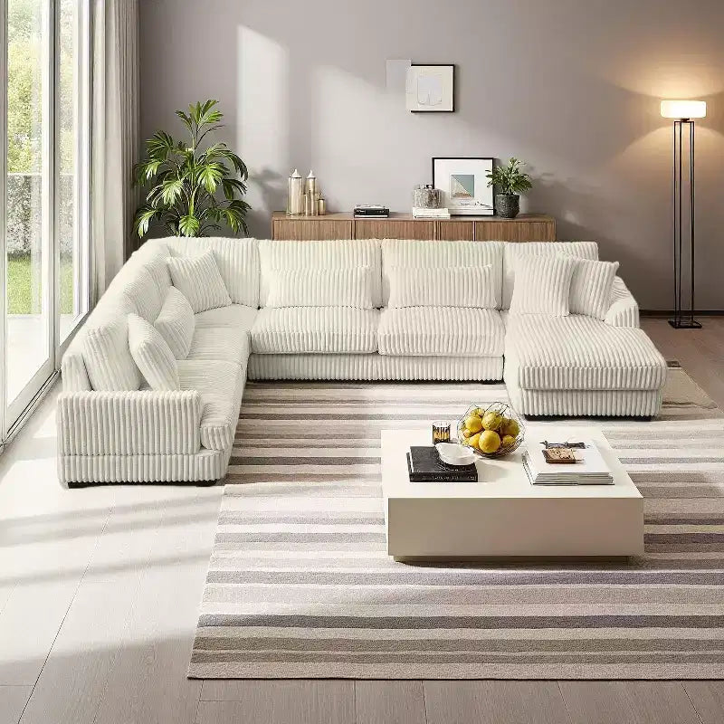 Divano Sezionale a U in Velluto a Coste con Chaise Longue, 5+ Posti a Sedere