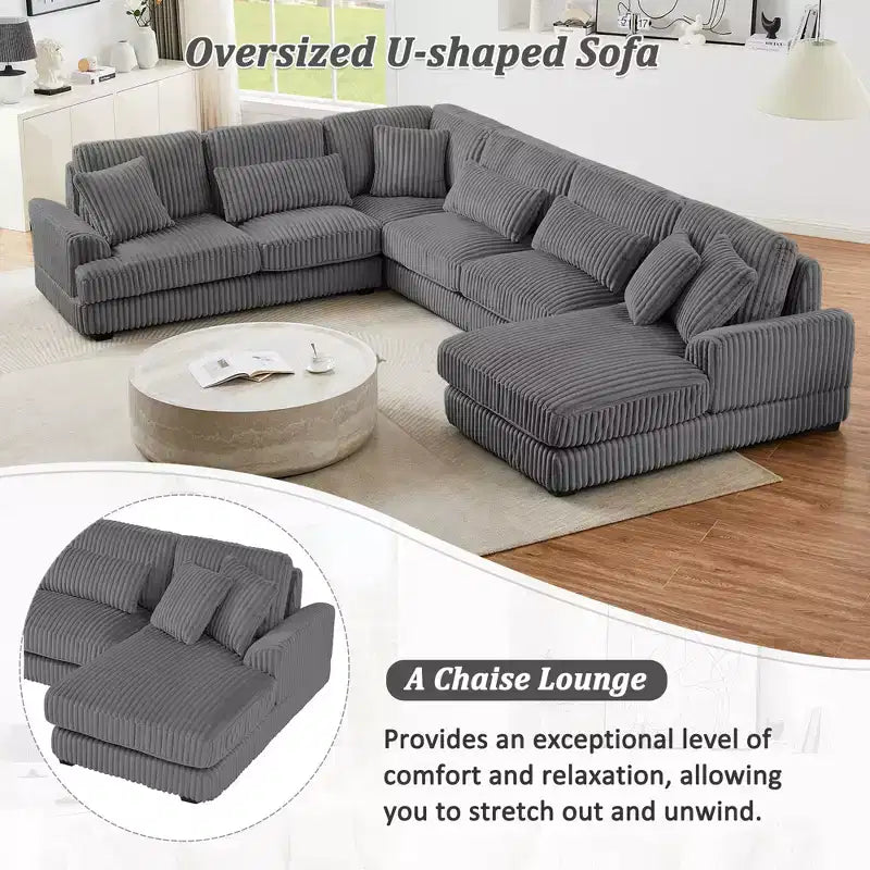Divano Sezionale a U in Velluto a Coste con Chaise Longue, 5+ Posti a Sedere