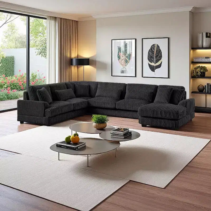 Divano Sezionale a U in Velluto a Coste con Chaise Longue, 5+ Posti a Sedere