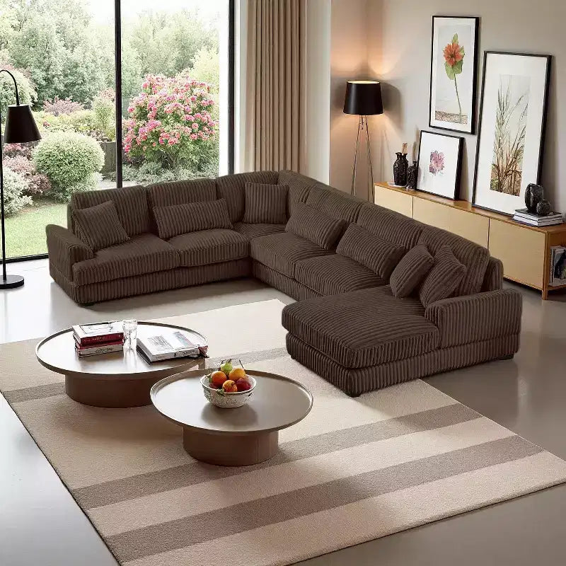 Divano Sezionale a U in Velluto a Coste con Chaise Longue, 5+ Posti a Sedere