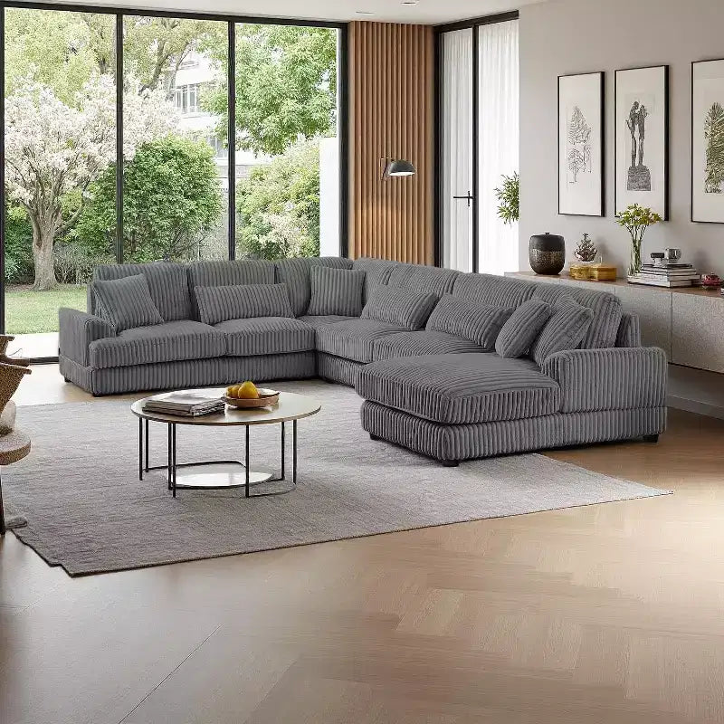 Divano Sezionale a U in Velluto a Coste con Chaise Longue, 5+ Posti a Sedere